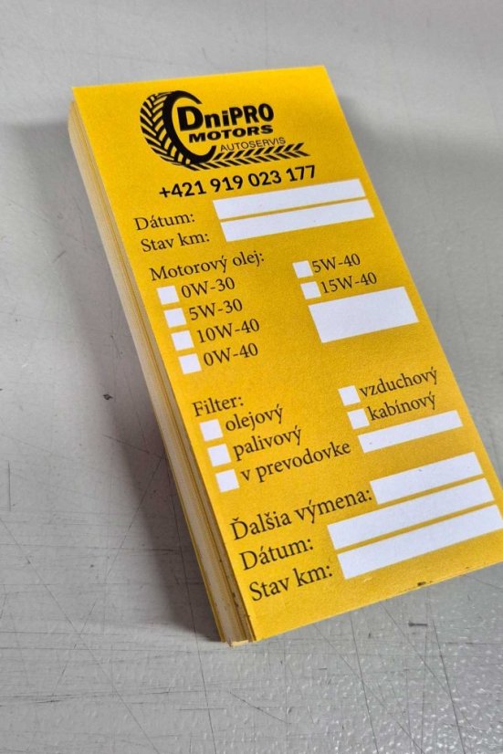 Nálepka na výmenu oleja s vlastným logom